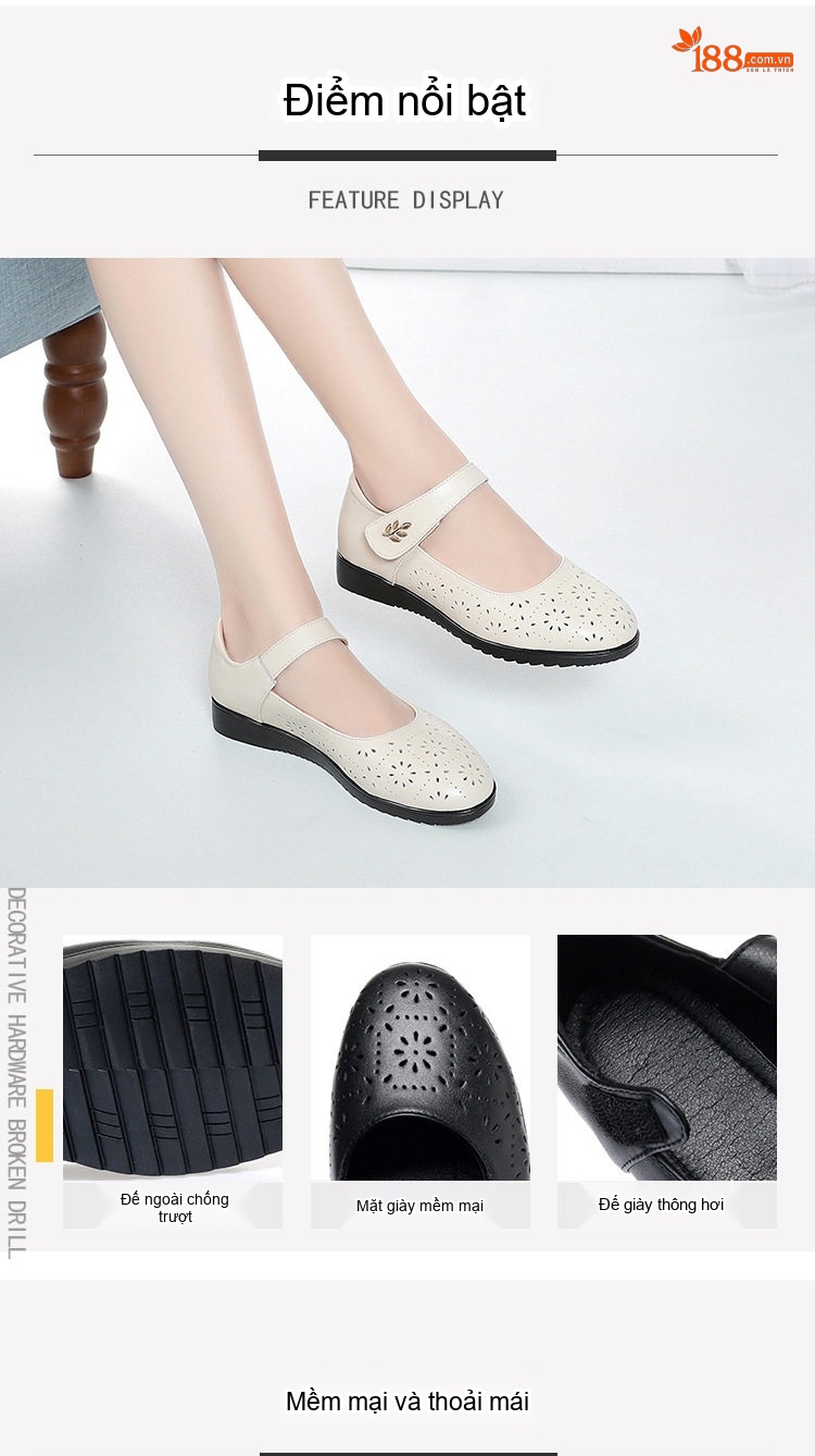 Giày Búp Bê Nữ Da Thật Quai Dán Khoét Lỗ Thoáng Khí Chiều Cao Đế Khoảng 3cm Màu Đen, Kem chi tiết 3