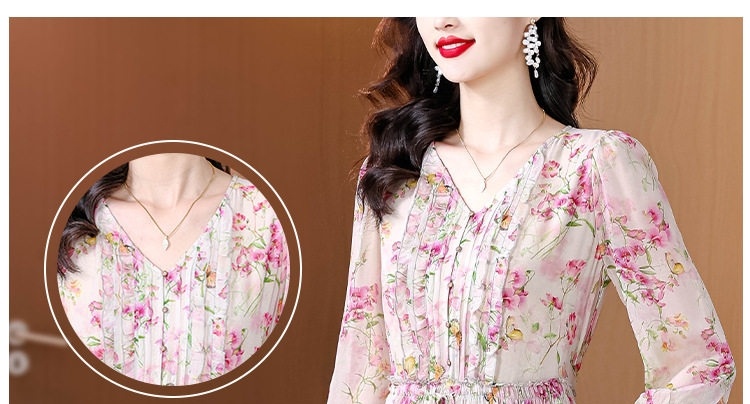 Váy Chữ A Lụa Thật Cổ chữ V Trẻ Trung Phong Cách Thời Trang Màu Trắng, Hồng chi tiết 3