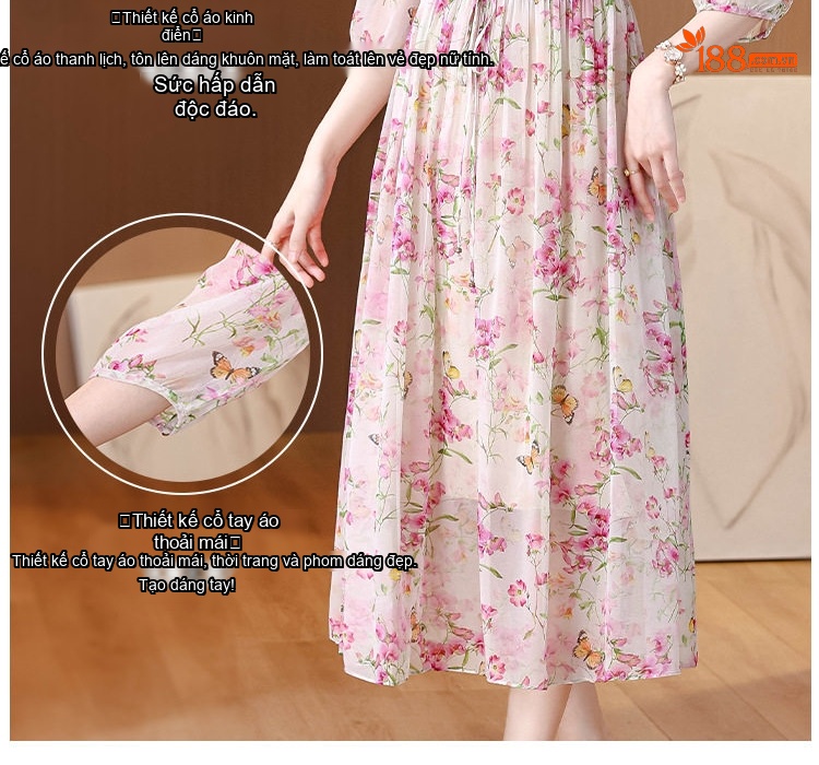 Váy Chữ A Lụa Thật Cổ chữ V Trẻ Trung Phong Cách Thời Trang Màu Trắng, Hồng chi tiết 4