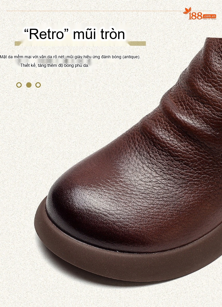 Boot Nữ Cao Cổ Da Bò Đế Bằng Chiều Cao Đế Khoảng 3cm Màu Đen, Nâu chi tiết 4