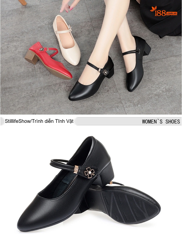 Giày Búp Bê Nữ Da Thật Quai Ngang Chiều Cao Đế Khoảng 4cm Màu Đen, Kem, Đỏ chi tiết 15
