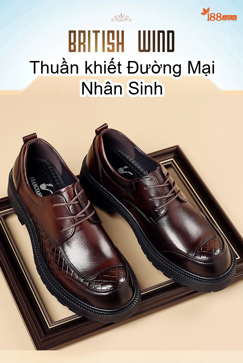Giày Tây Buộc Dây Nam Da Bò Chiều Cao Đế Khoảng 3.5cm Màu Đen, Nâu chi tiết 2