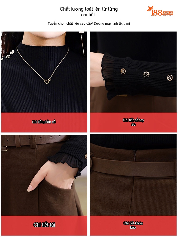 Set Áo Dệt Kim Cổ Lọ Tay Dài và Chân Váy Midi Thanh Lịch Màu Đen, Nâu
