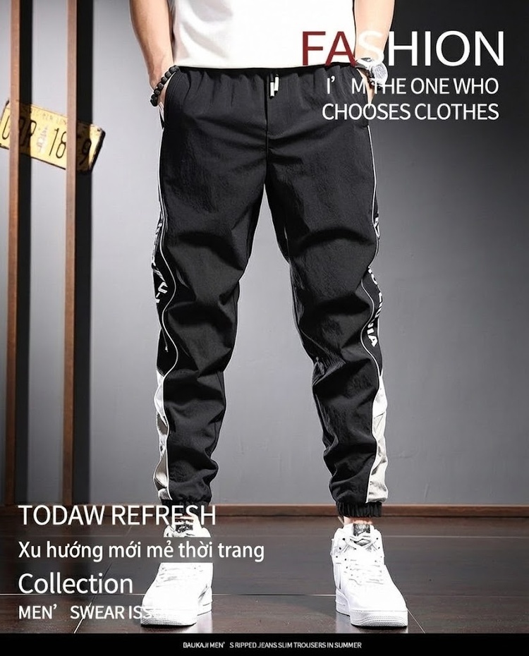 Quần dài nam Tencel ống rộng bo gấu thể thao in chữ chi tiết 1