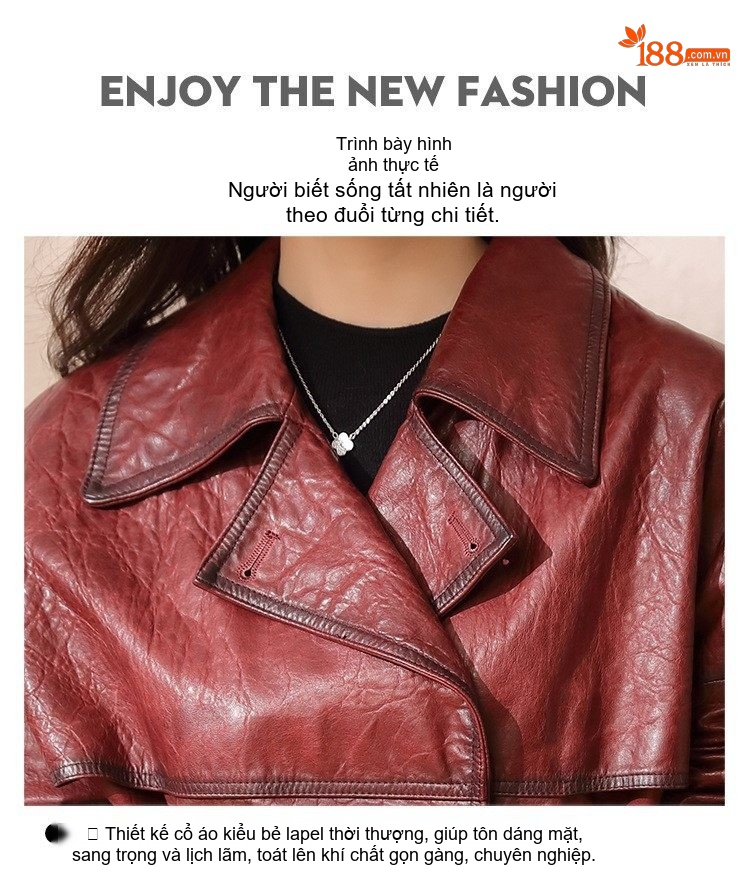 Áo Khoác Da Thật Nữ Dáng Ngắn Cổ chữ Vest Thời Trang Màu Đỏ chi tiết 14