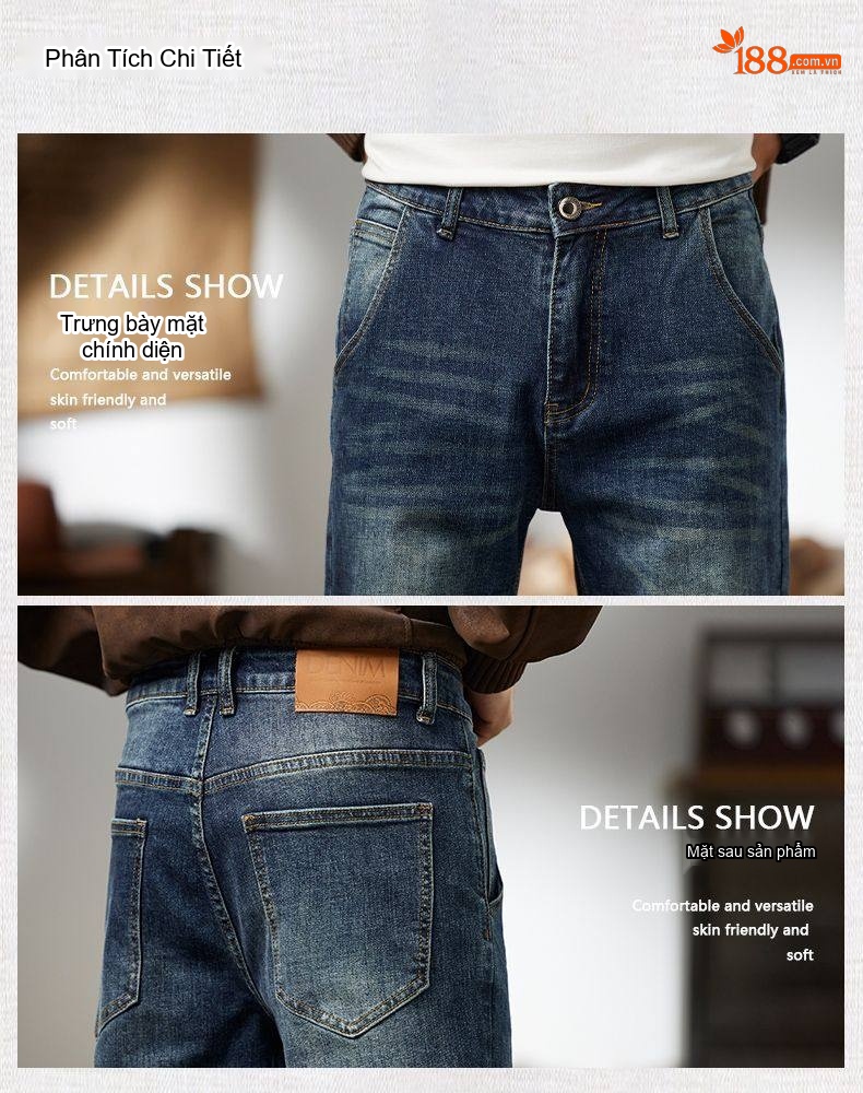 Quần Jean Nam Cotton Dáng Ôm Vừa Vặn Màu Xanh Denim chi tiết 15