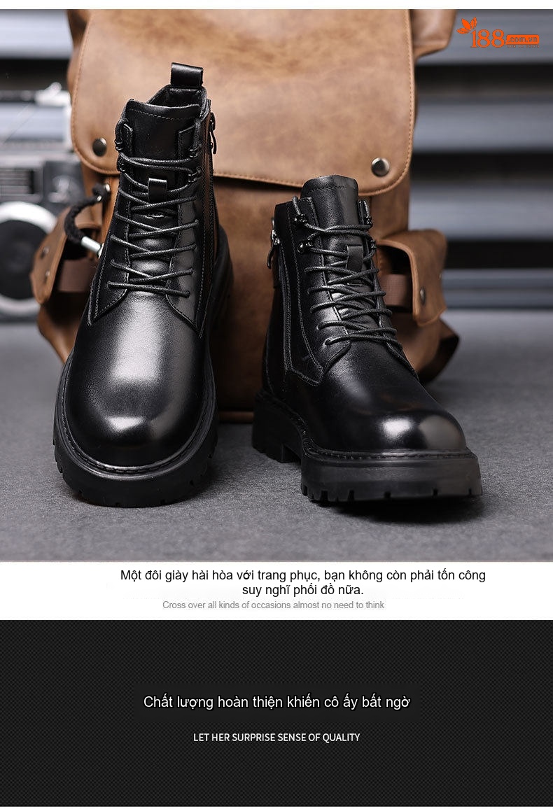 Boot Martin Nam Da Bò Lót Lông Cừu Chiều Cao Đế Khoảng 4cm Màu Đen chi tiết 14