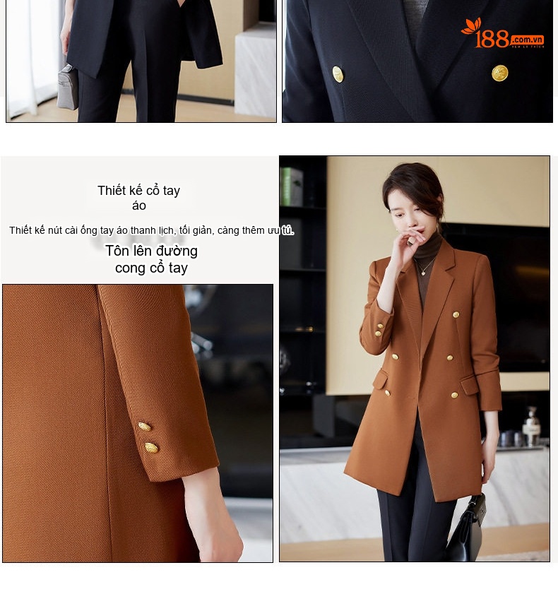 Áo Khoác Blazer Nữ Dáng Dài Tay Dài Màu Nâu, Đen, Đỏ chi tiết 5