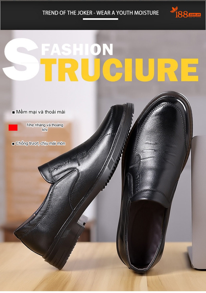 Giày Lười/Giày Tây Nam Da Bò Chiều Cao Đế Khoảng 3cm Màu Đen chi tiết 3
