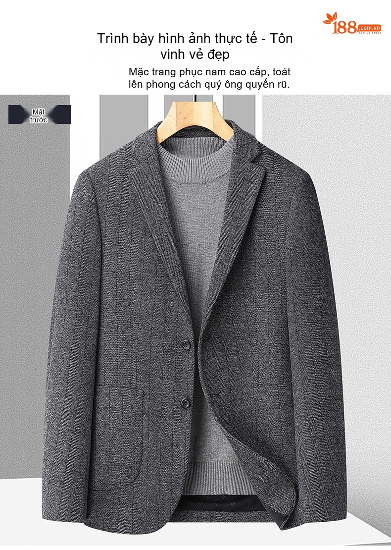 Áo Vest Nam Wool Lông Cừu Họa Tiết Xương Cá Dáng Ôm Chống Nhăn Màu Xám chi tiết 10
