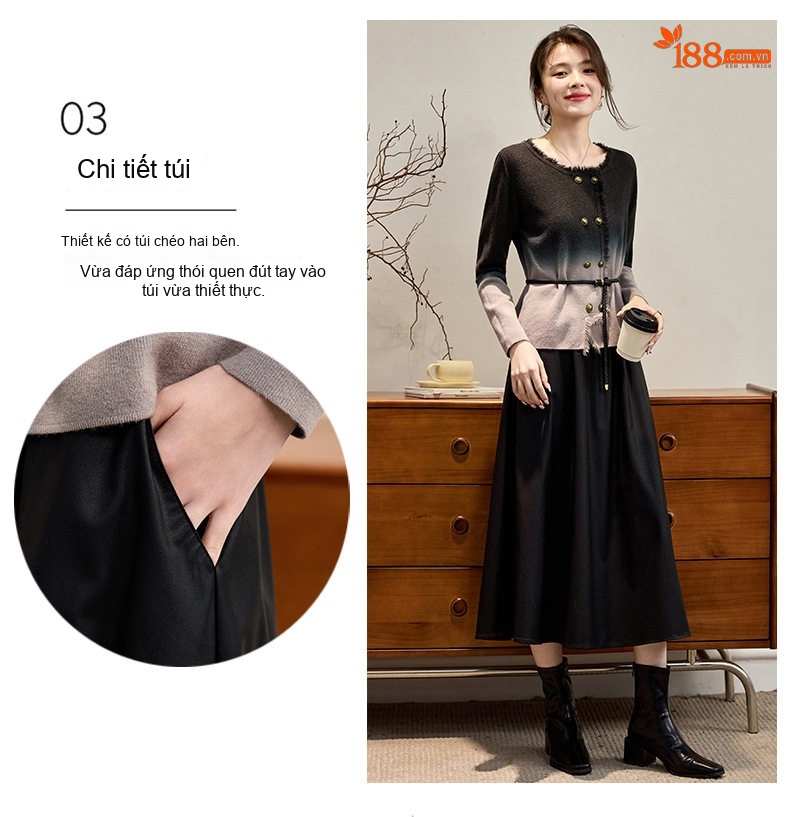 Váy Liền Thân Nữ dáng chữ A Chiết Eo Phong Cách Nhẹ Nhàng Thanh Lịch Thu Đông Màu Nâu, Đen chi tiết 9