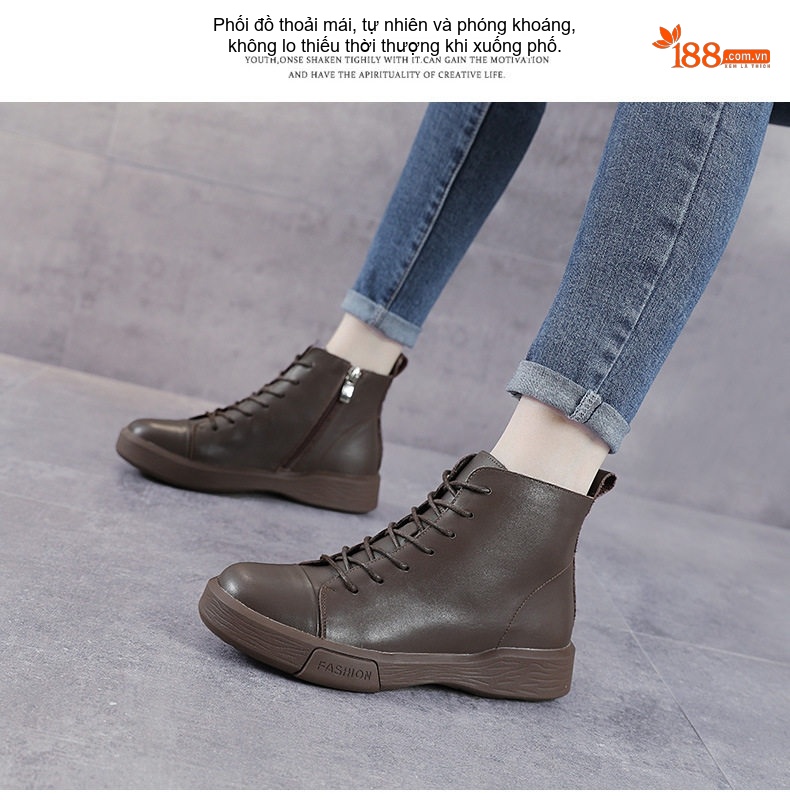 Boot Nữ Da Bò Cổ Lửng Khóa Bên Hông Chiều Cao Đế Khoảng 3cm Màu Đen, Nâu chi tiết 12