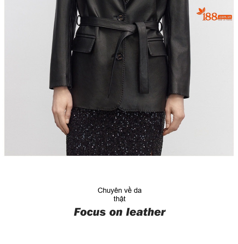 Áo Khoác Blazer Nữ Da Cừu Dáng Dài Trung Niên Thanh Lịch Màu Đen chi tiết 2