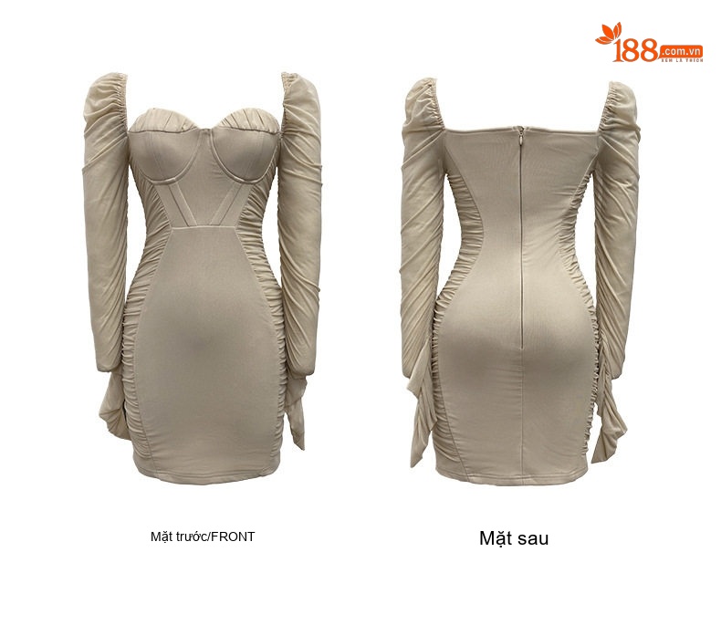 Váy Ôm Body Nữ Cổ chữ Vuông Tay Lưới Nhún Eo Phong Cách Pháp Màu Đen, Be chi tiết 8