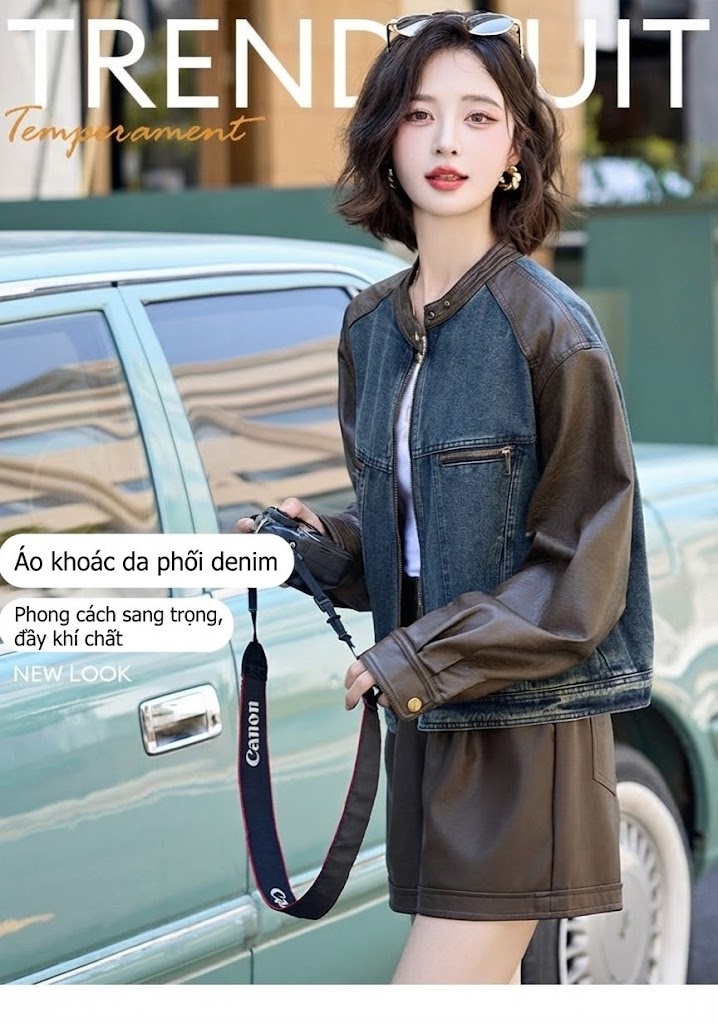 Áo Khoác Nữ Jean Phối Da Kiểu Retro Ngắn Tay Phong Cách Vintage Màu Xanh, Nâu chi tiết 1