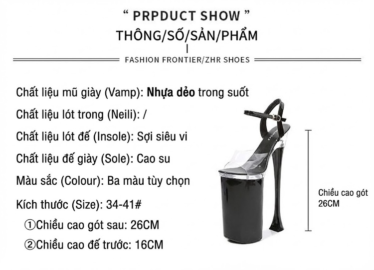 Giày Sandal Cao Gót Nữ Quai Trong Suốt Gót Trụ Đính Đá Gót Cao 26cm Màu Đen, Đỏ, Trắng... chi tiết 1