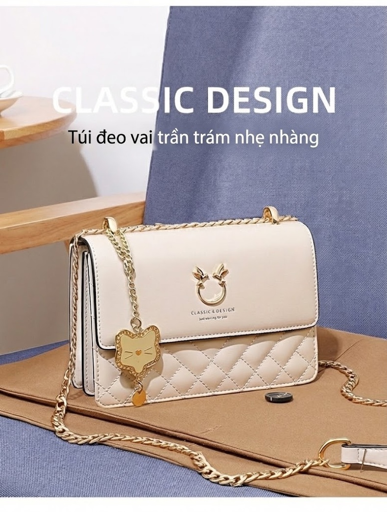 Túi Đeo Chéo Nữ Da Bóng Dáng Vuông Nhỏ Nhẹ Nhàng Sang Trọng Màu Trắng Kem chi tiết 1
