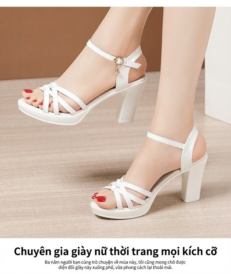 Giày Sandal Cao Gót Nữ Hở Ngón Quai Ngang Da Bóng Gót Cao 8cm Màu Đen, Đỏ, Trắng chi tiết 13