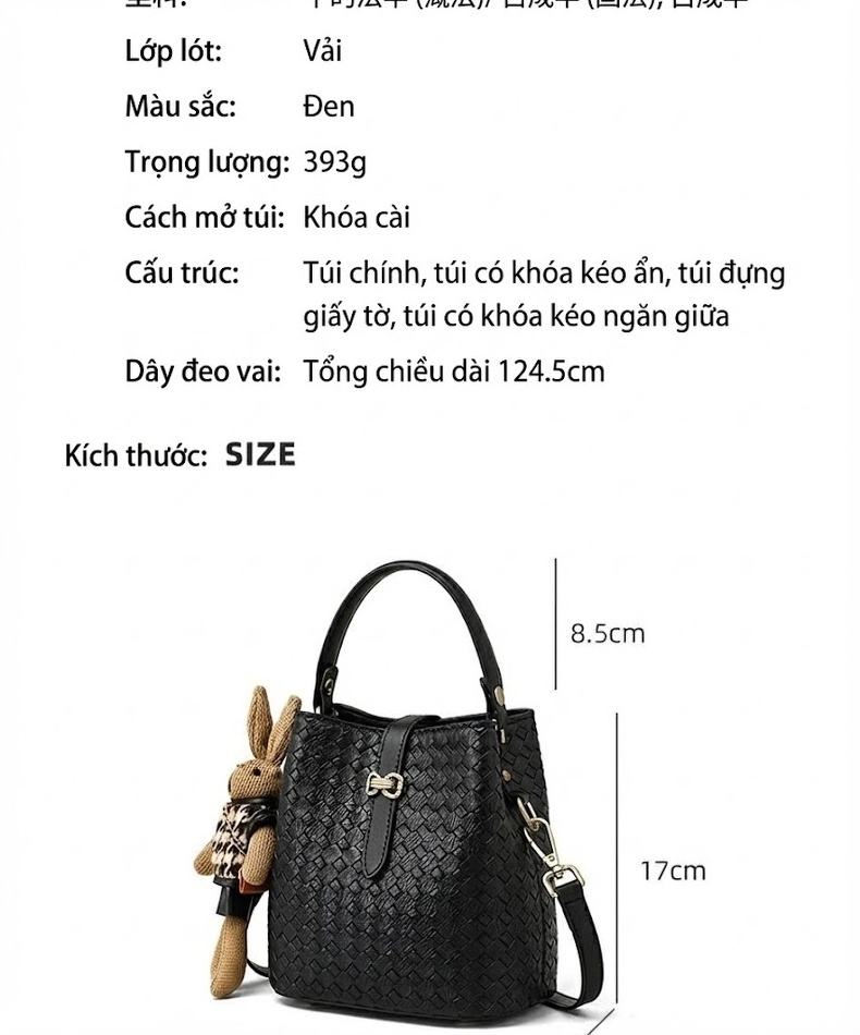 Túi Đeo Chéo Nữ Da Thật Kiểu Túi Bucket Quai Xách Tay Dáng Thùng Màu Đen chi tiết 2