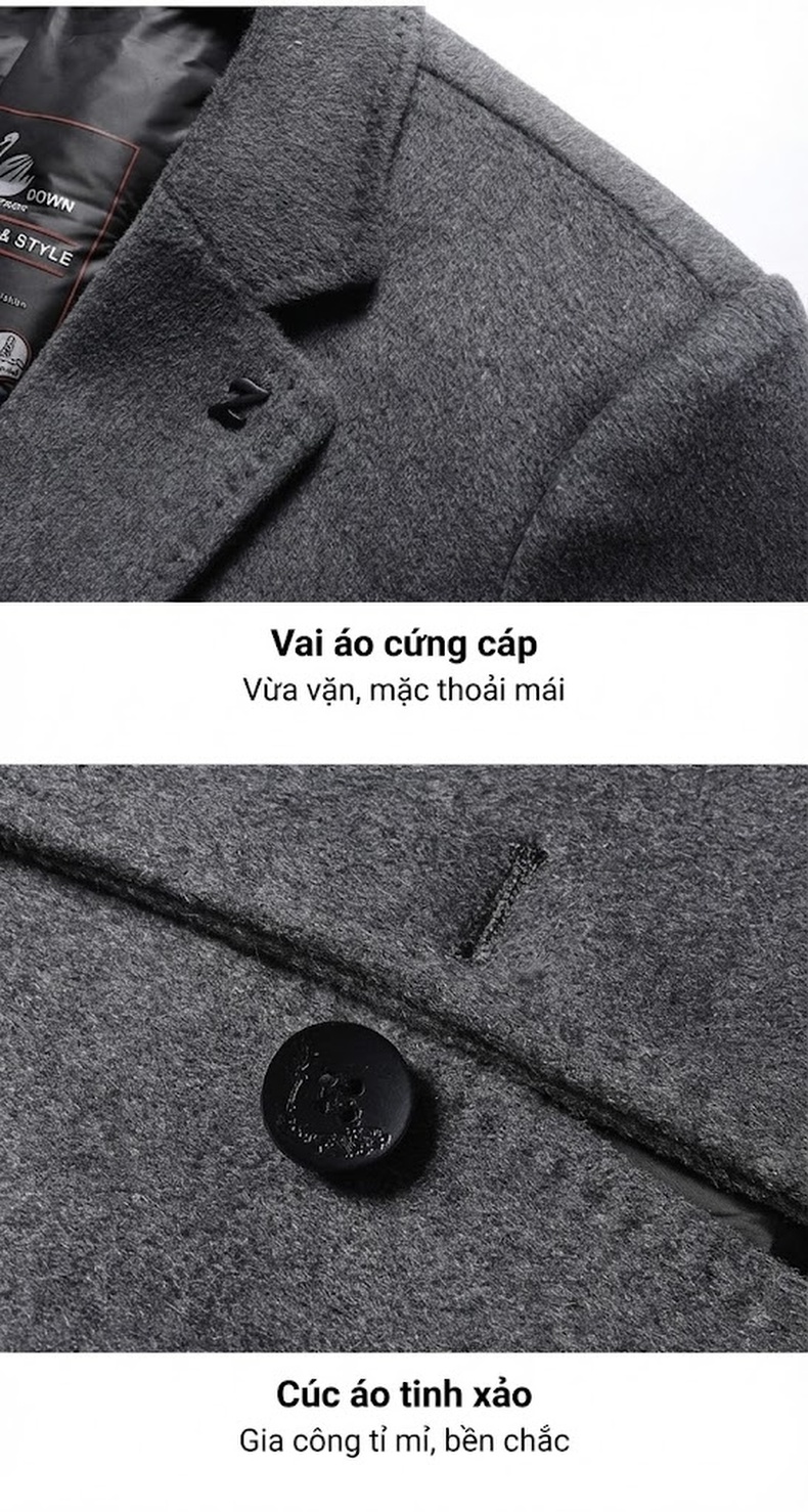 Áo Khoác Dạ Nam Lót Lông Vũ Tháo Rời Dáng Ôm Vừa Màu Xám, Nâu, Đen chi tiết 42