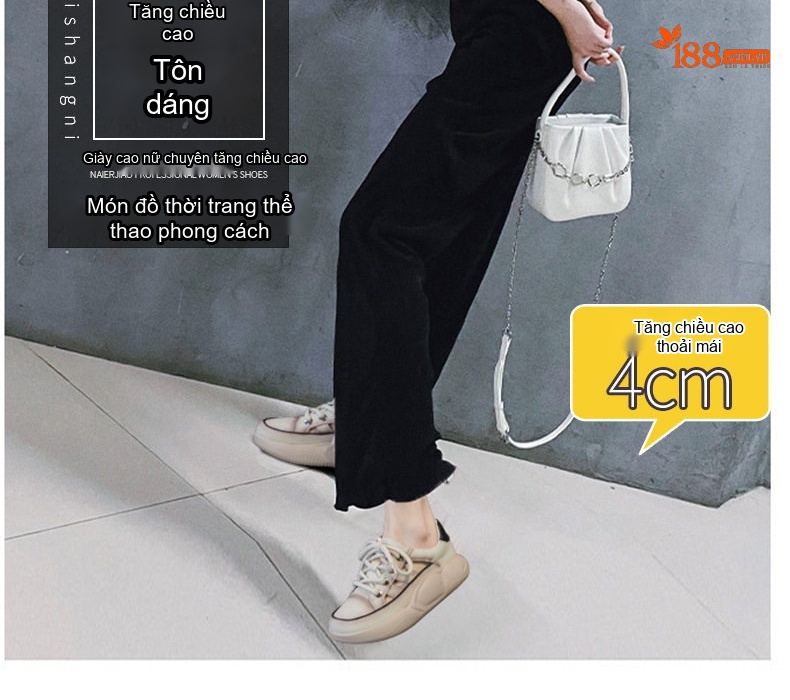 Giày Thể Thao Nữ Da Thật Tăng Chiều Cao 4cm Mềm Mại Thoáng Khí Màu Kem, Đỏ, Nâu chi tiết 2