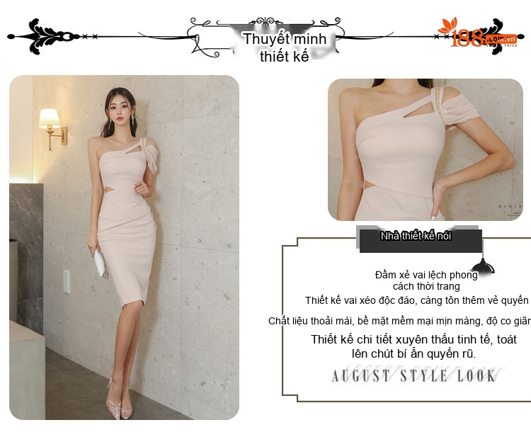 Váy Đầm Dự Tiệc Nữ Hở Vai, Xẻ Tà, Thiết Kế Nhún Eo Tôn Dáng Màu Kem chi tiết 2