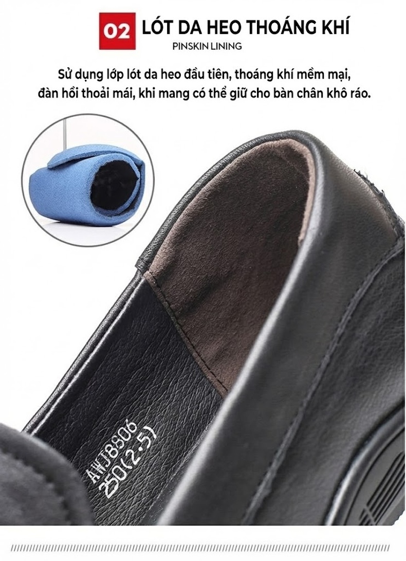 Giày Lười Nam Da Mềm Chiều Cao Đế Khoảng 2cm Màu Đen chi tiết 7