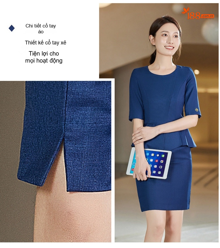 Bộ Quần Áo Công Sở Nữ Tay Ngắn Cổ chữ Vest Phong Cách Lao Feng Xiang Màu Xanh Navy chi tiết 5