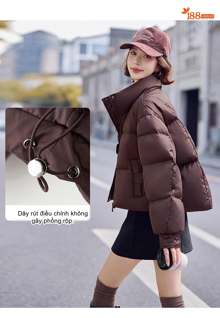 Áo Khoác Phao Nữ Ngắn 90% Lông Vịt Trắng Dáng Bánh Mì Phong Cách Hàn Quốc Màu Nâu, Kem chi tiết 11