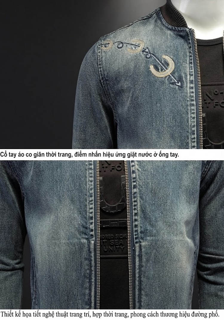 Áo Khoác Bomber Nam Denim Gân Sọc Thêu Họa Tiết Retro chi tiết 7