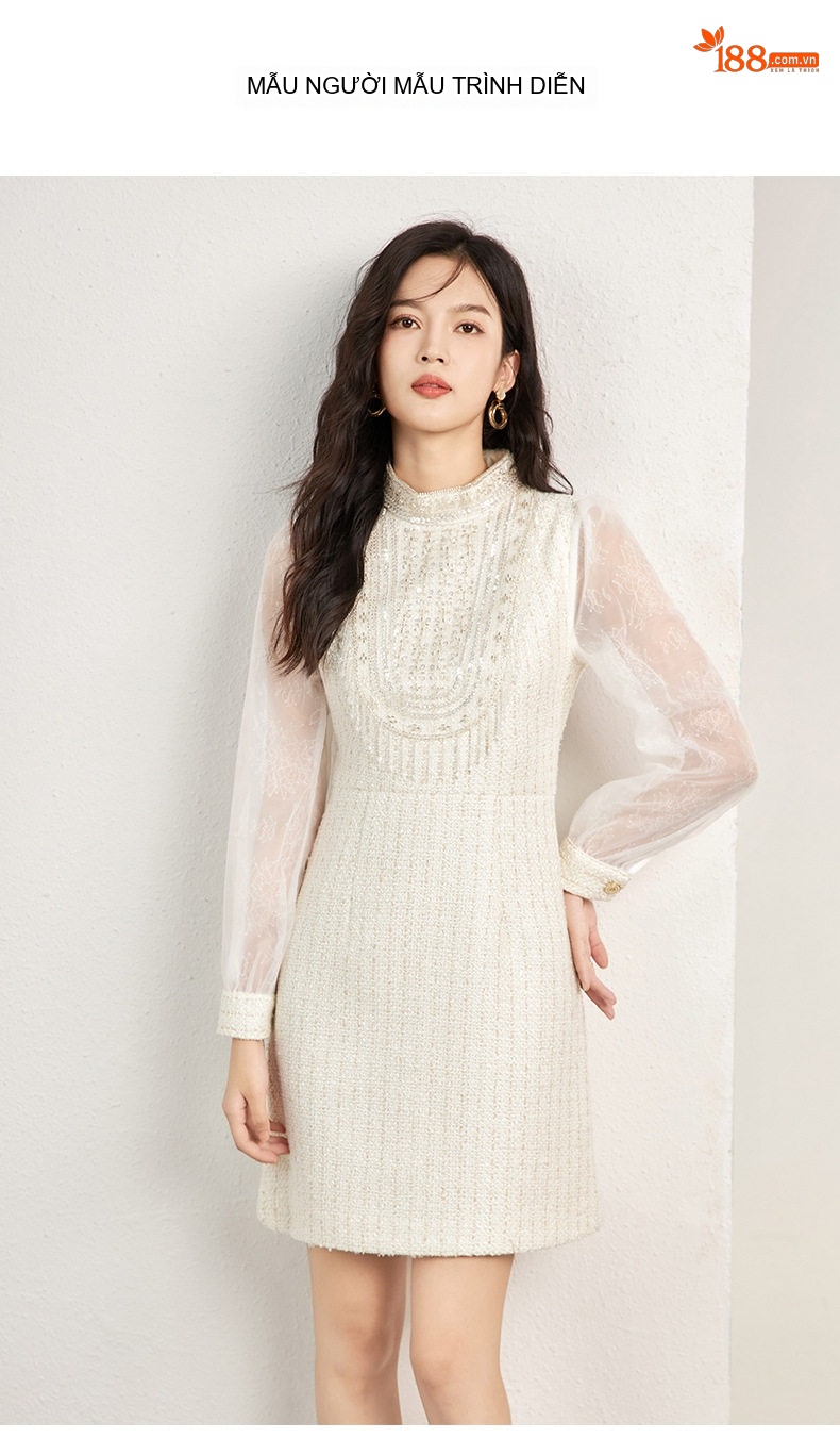 Váy Tiểu Thư Nữ Vải Tweed Lưới Thêu Đính Hạt Thủ Công Phong Cách Quý Phái Màu Trắng chi tiết 12