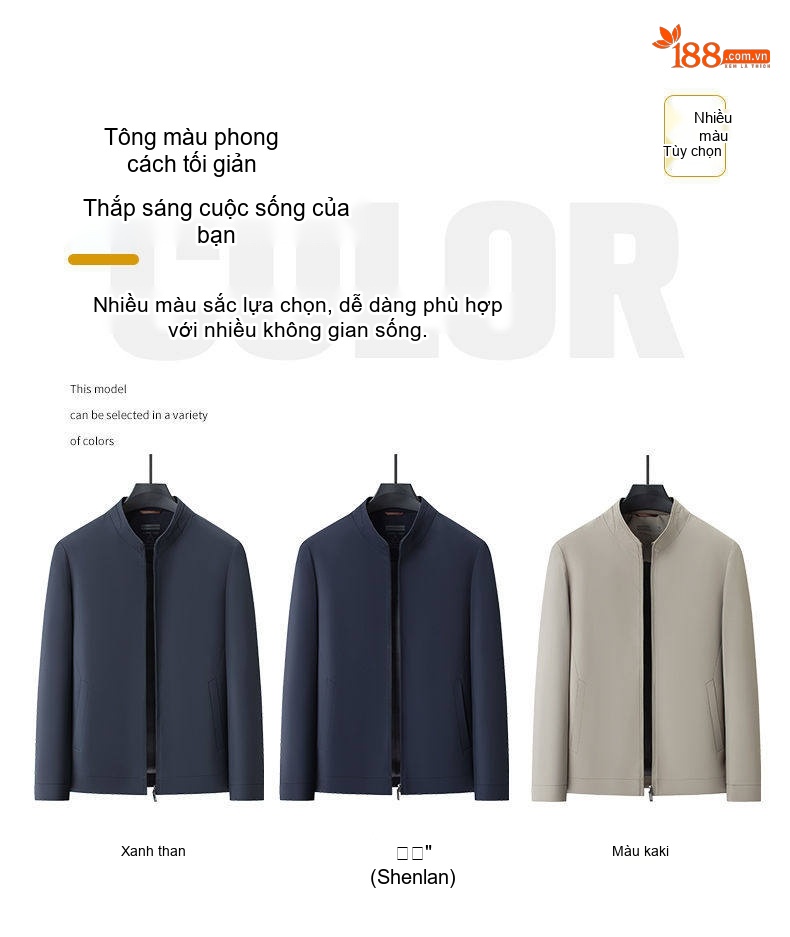 Áo Khoác Nam Mỏng Cổ Trụ Dáng Suông Phong Cách Lịch Sự Màu Xanh Navy, Kem chi tiết 6