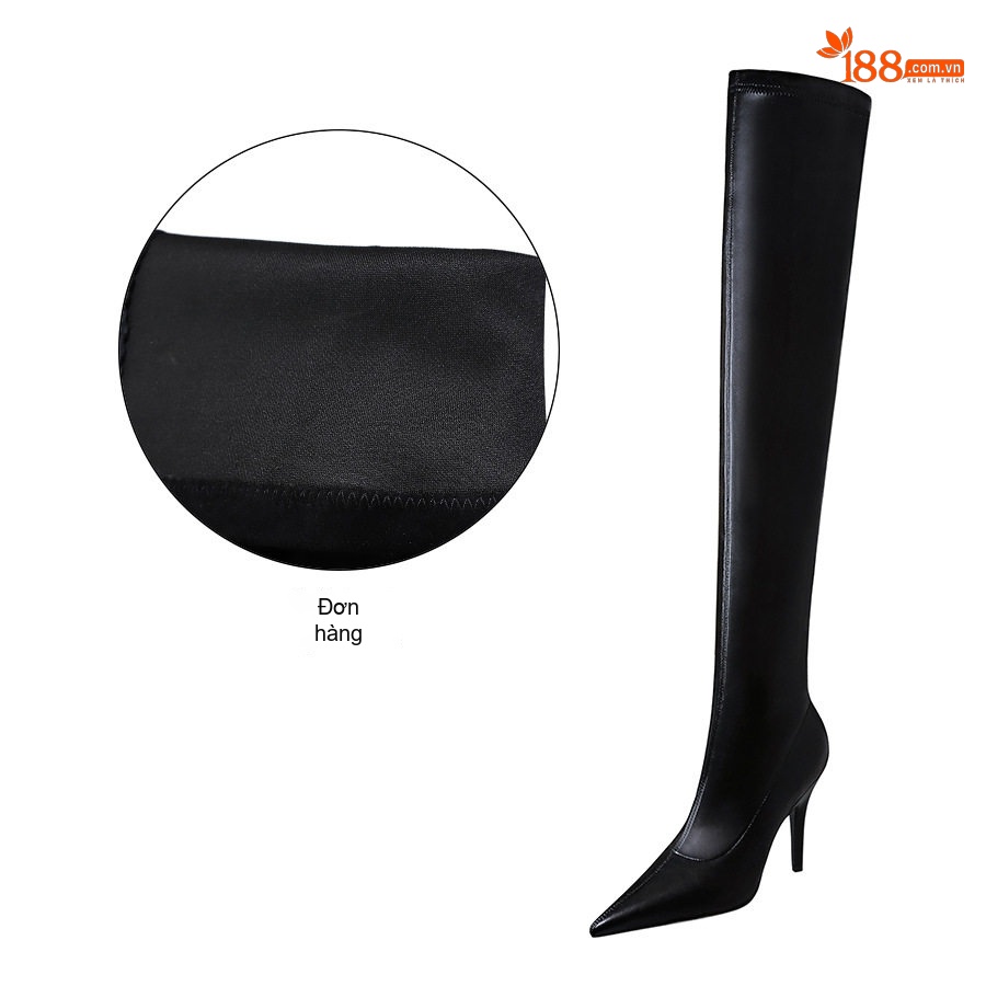 Boot Nữ Ôm Chân Da Bóng Gót Nhọn Dáng Dài Qua Gối Chiều Cao Đế Khoảng 8cm Màu Đen
