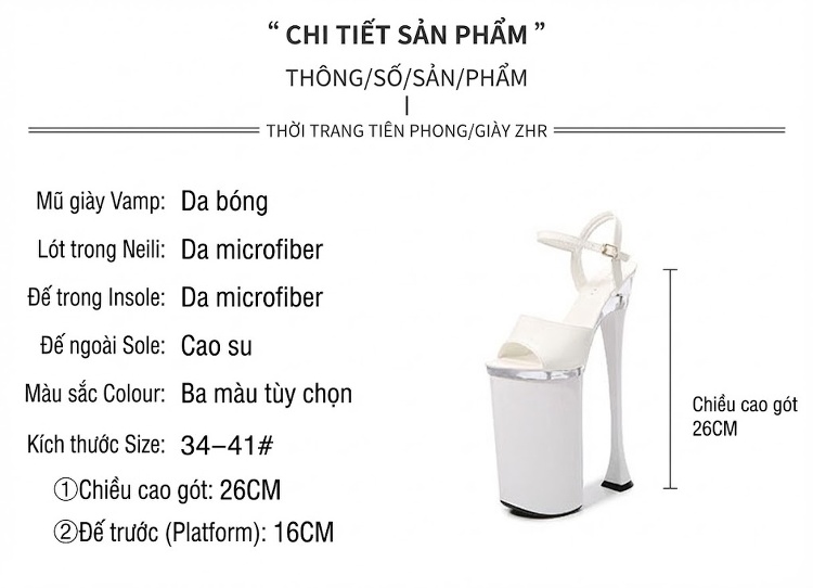 Dép Cao Gót Nữ Da Bóng Chiều Cao Đế Khoảng 26cm Màu Đen, Trắng, Đỏ chi tiết 2