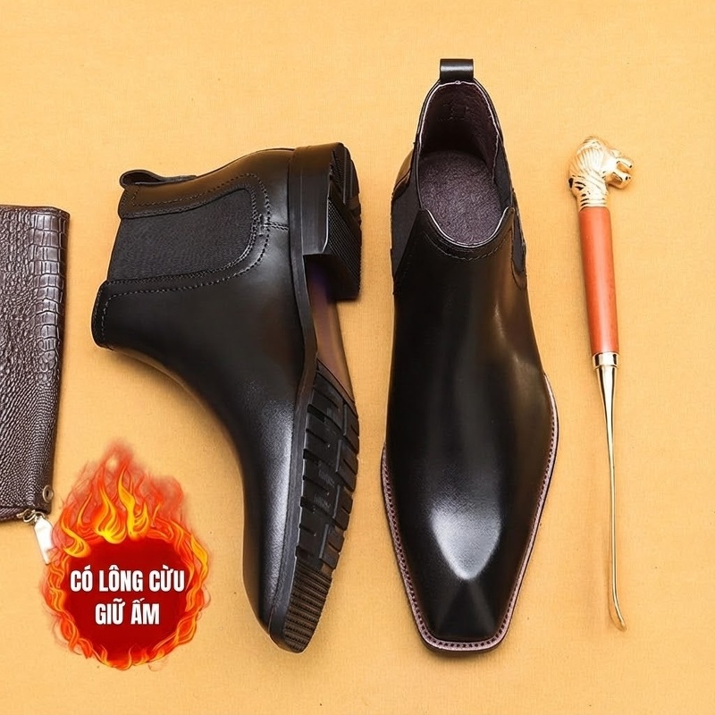 Giày Chelsea Boot Nam Da Thật Lót Lông Chiều Cao Đế Khoảng 3cm Phong Cách Anh Quốc Màu Đen, Nâu