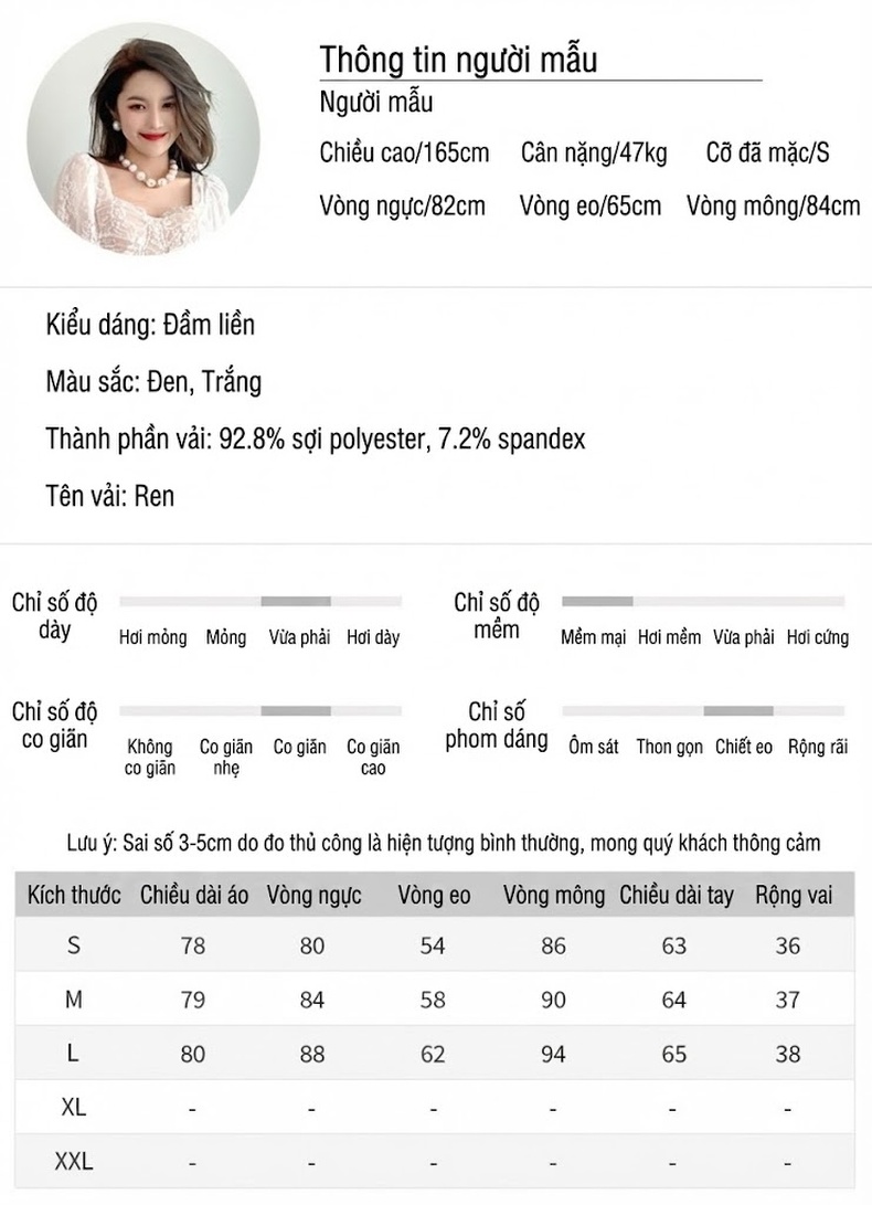 Váy Đầm Ôm Body Tay Lồng Đèn Ren Phong Cách Pháp Màu Đen, Kem chi tiết 3