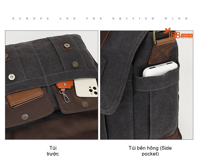Túi Đeo Chéo Nam Vải Canvas Phối Da Bò Phong Cách Retro Đựng Máy Ảnh chi tiết 13