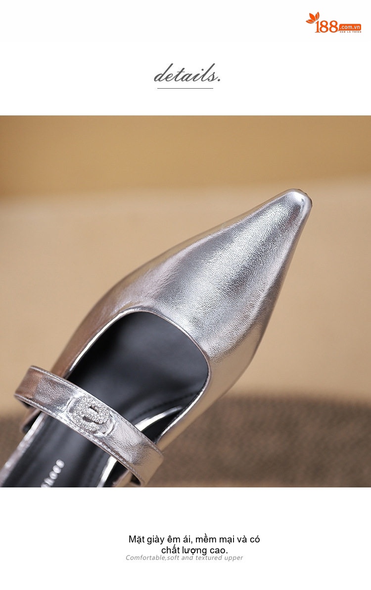 Giày Sục Nữ Mũi Nhọn Đính Đá Chiều Cao Đế Khoảng 2cm Màu Đen, Bạc, Trắng chi tiết 6