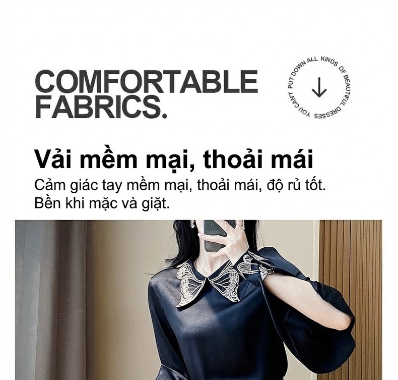 Set Áo Sơ Mi Tay Dài Cổ Nơ và Chân Váy Ôm Satin Cao Cấp Màu Đen, Vàng Be chi tiết 6