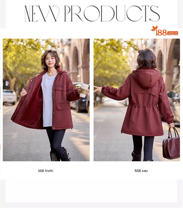 Áo Khoác Parka Nữ Cotton Lót Lông Dày Dặn Dáng Dài Giữ Ấm Màu Đỏ Ancola, Nâu, Đen chi tiết 4