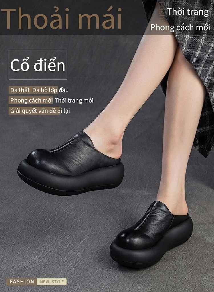 Dép Sục Nữ Da Bóng Đế Xuồng Chiều Cao Đế Khoảng 5cm Màu Đen, Nâu chi tiết 1