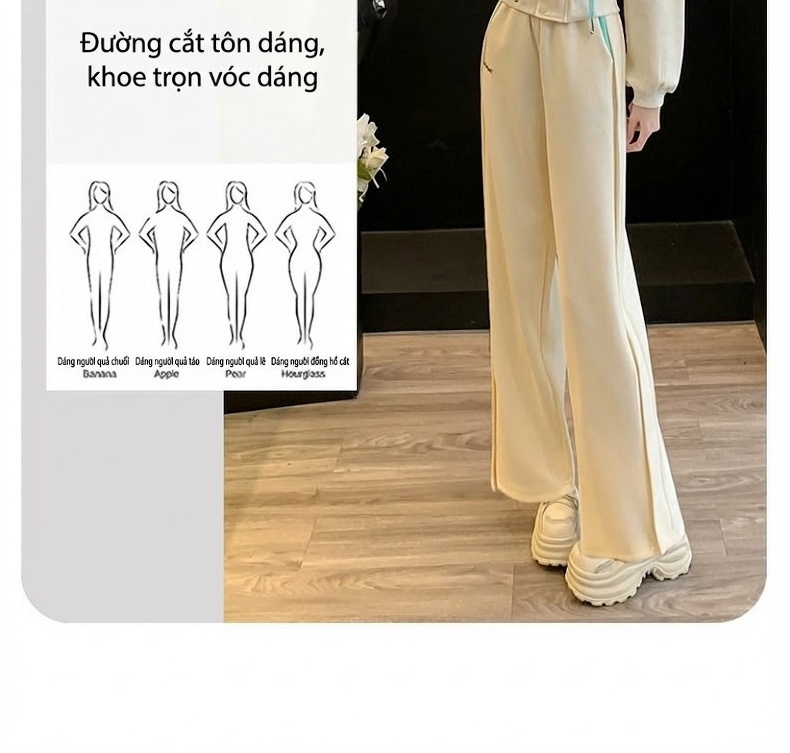Bộ Quần Áo Thể Thao Nữ Áo Khoác Quần Ống Rộng Phong Cách Trẻ Trung Màu Kem, Xanh chi tiết 12