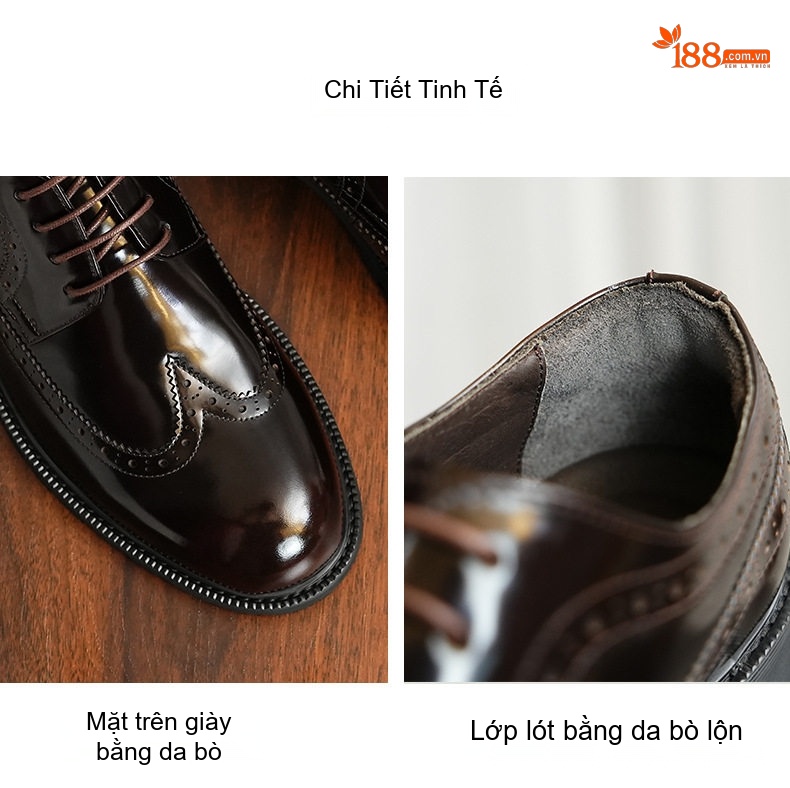 Giày Tây Buộc Dây Nam Da Bóng Đế Dày Chiều Cao Đế Khoảng 3cm Phong Cách Anh Quốc Màu Đen, Nâu chi tiết 5