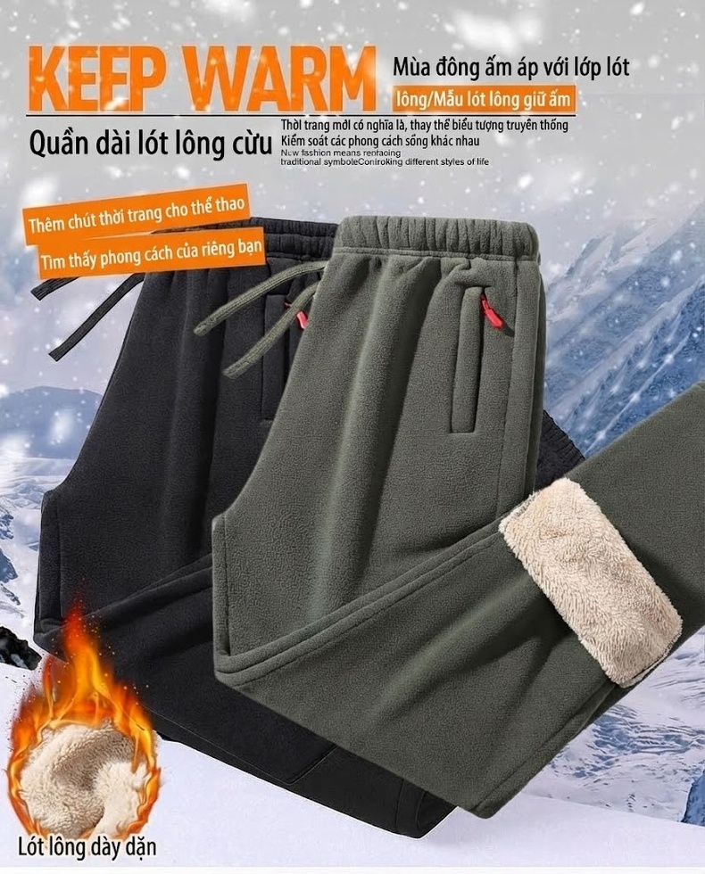 Quần Dài Nam Lông Cừu Non Dày Dặn Giữ Ấm Dáng Rộng Màu Đen, Xanh Navy, Xám, Xanh Olive... chi tiết 1
