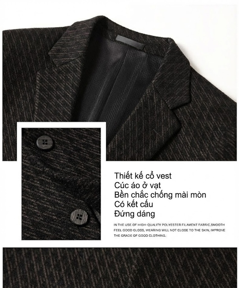 Áo Vest Nam Wool Kẻ Caro Một Hàng Khuy Phong Cách Lịch Lãm Màu Đen chi tiết 5