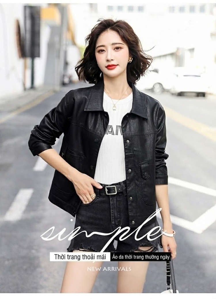 Áo Khoác Da Thật Nữ Kiểu Bomber Ngắn Màu Đen, Nâu chi tiết 5
