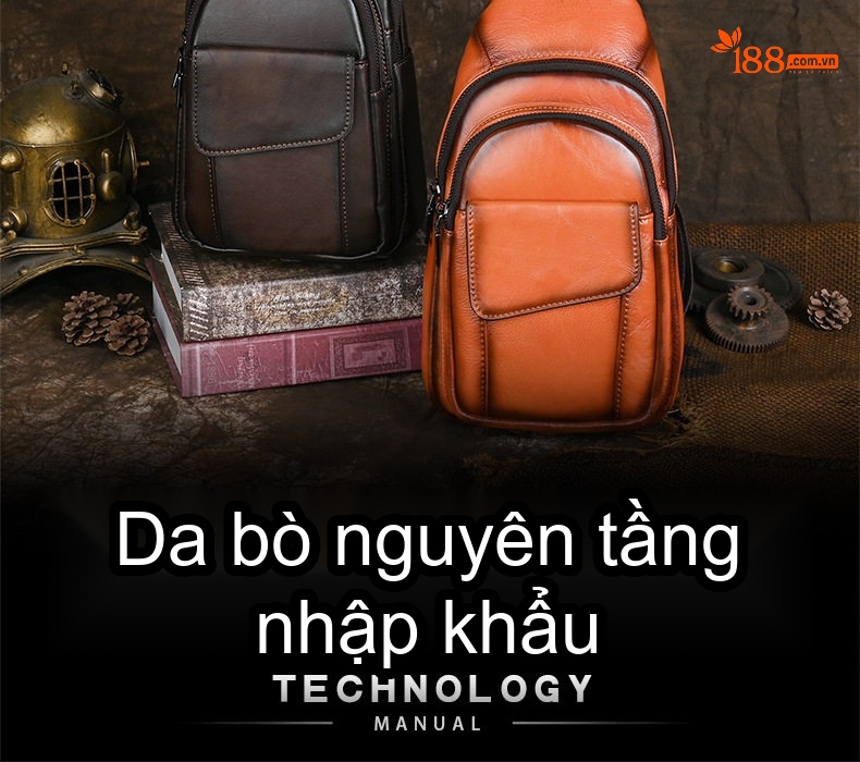 Túi đeo ngực nam da thật retro phong cách thể thao, đeo chéo vai, da bò cao cấp chi tiết 2