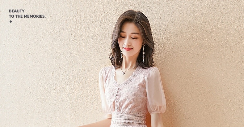 Váy Lưới Pháp Nữ Dáng Dài Chiết Eo Tôn Dáng Màu Trắng, Hồng chi tiết 1