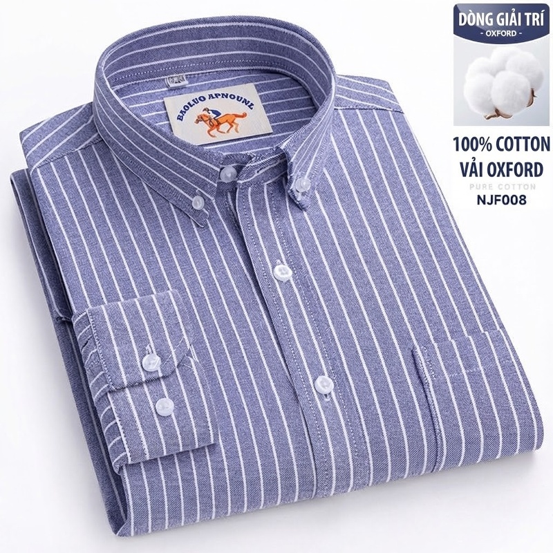 Áo Sơ Mi Nam Tay Dài Oxford Cotton Thoáng Khí Họa Tiết Kẻ Sọc Lớn Màu Xanh Dương, Đen, Trắng, Xám...