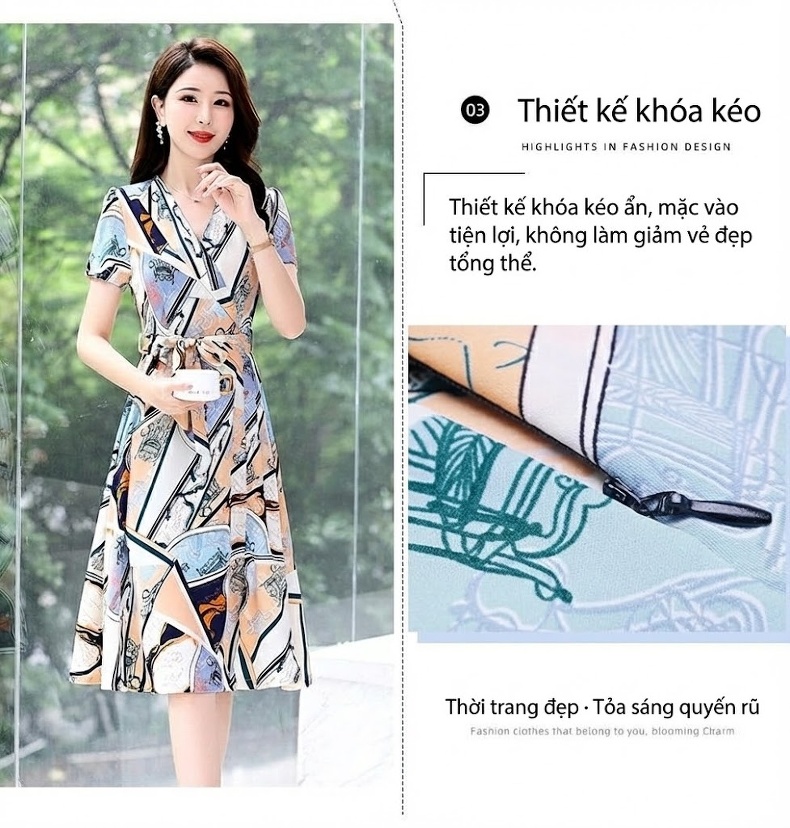 Váy liền thân Nữ Thiết Kế Pháp Eo Cao Tay Ngắn Họa Tiết chi tiết 6